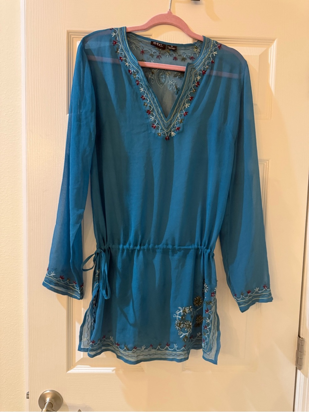 Vintage ETC Teal Embroidered & Beaded V-Neck Tunic with Drawstring Drop Waist